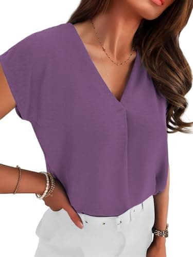 Totatuit Women Elegant V Neck Chiffon Blouse Summer Bluse Cap Sleeve Loose Fit Work Shirts for Casual Buiness Foraml Dressy Tops Trendy 2026 Travel Beach Clothes Purple Medium - Image 1