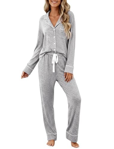 Samring Pj Sets for Woman Winter Long Sleeve Pajamas 2 Piece Pajama Loungewear Button Down Nightwear Sleep Set Light Grey S - Image 1