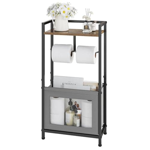 Toilet Paper Holder Free Standing with Storage Basket, Bathroom Tissue Holder Stand with Top Wood Shelf for Phones, Wet Wipes, Small Plants, Metal Toilet Paper Rack for Bathroom Organizer, Black - Image 1