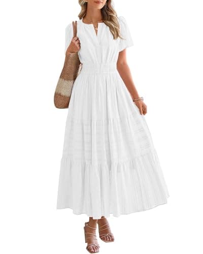 BTFBM Womens Summer 2026 Casual Midi Maxi Dresses Lightweight Short Sleeve V Neck Elastic Waist Boho Beach Dress Pockets(White, Large) - Image 1