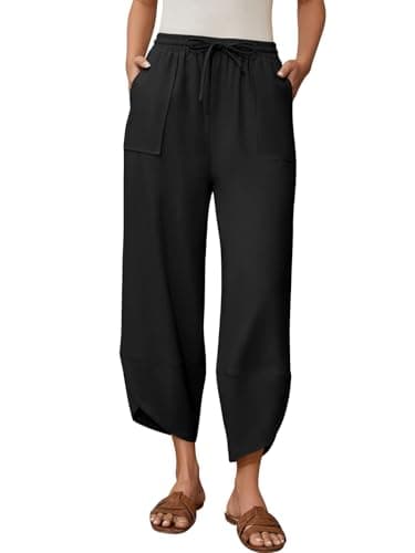 grewley Women's Cotton Linen Pants Black Flowy Pants Drawstring Elastic Waist Trousers with Pockets Beach Black XL - Image 1