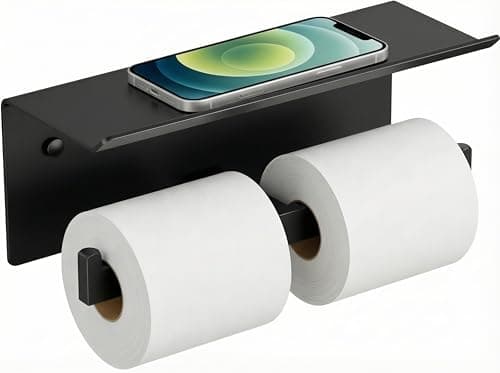 FORIOUS Black Toilet Paper Holder with Shelf, 304 Stainless Steel Wall Mount Commercial Toilet Paper Dispenser, Double Tissue Roll Holder for Bathroom, Matte Black - Image 1