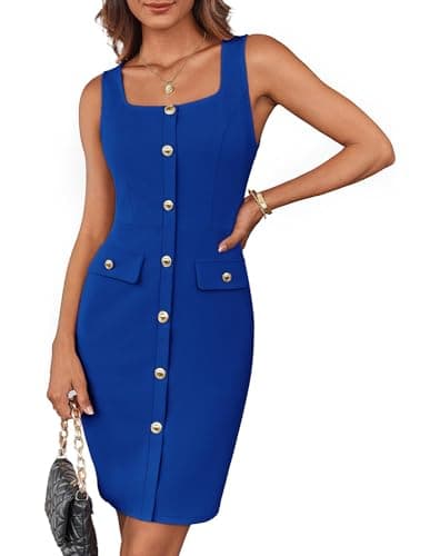GRACE KARIN Women Business Work Dress Sleeveless Buttons Belted Square Neck Dress Bodycon Midi Dress Royal Blue XXL - Image 1