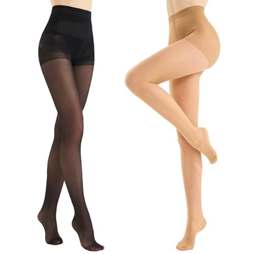 WiliW 2 Pairs Ultra Strong Tights for Women 10D Rip Resistant Sheer Pantyhose High Waist Control Top Tights(Natural+Black L) - Image 1