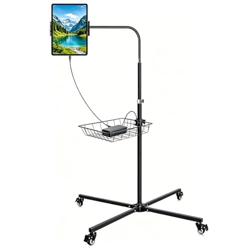Coslony Premium Rolling Tablet Floor Stand with Heavy Duty Industrial Wheels & Storage Basket, Tall Adjustable iPad Stand Floor on Wheels, Universal Mount Holder for iPad Pro, Air, Mini, Phone - Image 1
