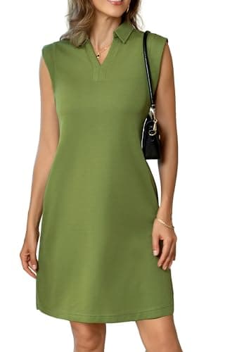 BEXIBOOM Work Dresses for Women Casual Summer Dress, V Neck Collared Shift Dress with Pockets, Cap Sleeve Knee Length Office T Shirt Dress Olive Green-M