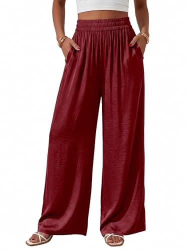 BTFBM Wide Leg Pants Woman Summer 2026 Pockets Dressy Flowy Lightweight Glitter Satin Palazzo Beach Vacation Clothes(Burgundy, XX-Large) - Image 1