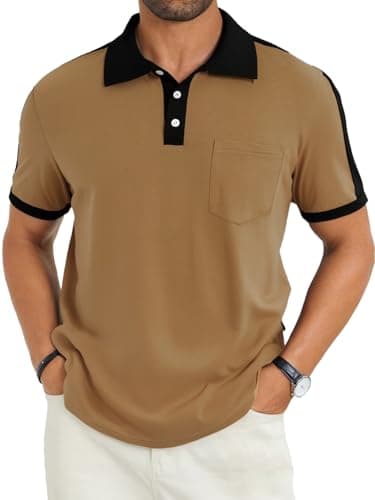LuxMania Men's Casual Polo Shirts Short Sleeve Classic Button Shirt Fashion Cotton Golf Tops with Pocket Camel M - Image 1