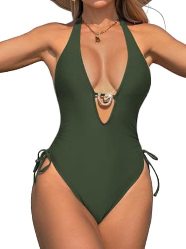 WODECASA Women‘s Sexy One Piece Swimsuit Halter Deep V Neck Side Drawstring Ruched High Cut Tummy Control Bathing Suit Monokini - Image 1
