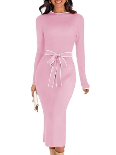 MEROKEETY Women's 2026 Long Sleeve Midi Sweater Dress Fall Winter Spring Mock Neck Contrast Tie Waist Bodycon Knit Dresses, LightPink, L - Image 1