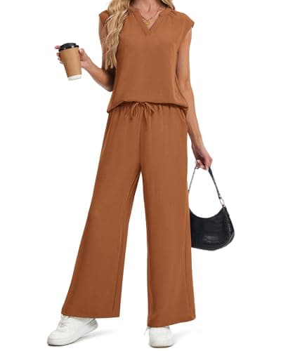IEEILULU Two Piece Sets for Women V Neck Sleeveless Tank Tops and Wide Leg Pants Sets Vacation Outfits (Brown, XL) - Image 1