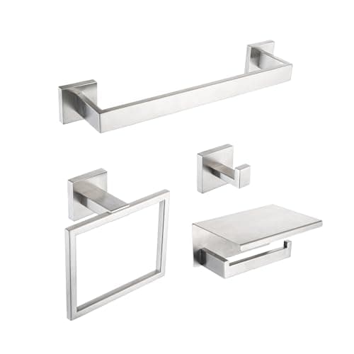 4-Pieces Bathroom Accessories Set, Towel Bar Towel Racks Towel Holder Toilet Paper Holder Stainless Steel Bathroom Hardware Set Wall Mounted Towel Racks for Bathroom, Brushed Nickel, 16 Inch