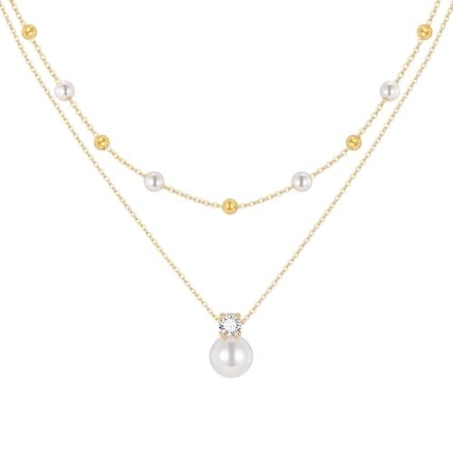Gold Pearl Necklaces for Women - 14K Gold Plated Layered Pearl Necklace Set, Dainty Cute Floral Daisy Pearl Necklace,CZ Jewelry Bride Bridesmaid Wedding Birthday Mother’s Day Gift for Her - Image 1