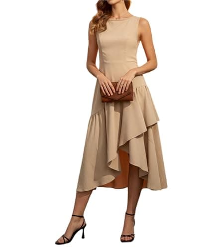 Women's 2026 Casual Summer Khaki Nude Apricot Boat Neck Sleeveless Ruffle Asymmetrical Irregular Hem Cotton Nylon Back Elastic Waist Zipper Elegant Vocation Beach Wedding Dating Party Midi Dress - Image 1