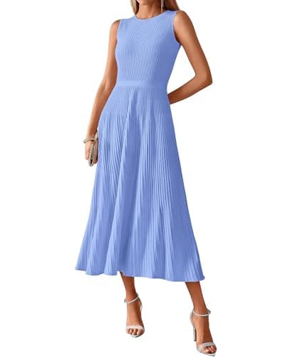 BTFBM Women Tank Midi Dress Summer Crewneck Sleeveless Pleated A Line Business Casual Formal Sweater Spring Dresses 2026(Sky Blue, XX-Large) - Image 1
