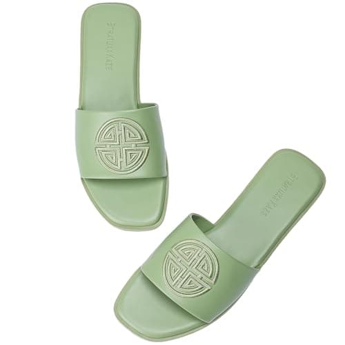 Stratuxx Kaze Womens Flat Sandals Dressy Summer Slide with Memory Foam Comfortable Cute Leather Green Sandals for Women - Image 1