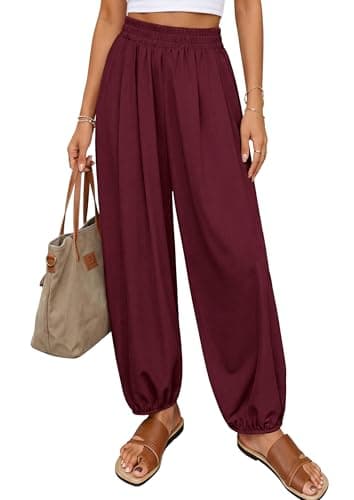 PRETTYGARDEN Womens 2026 Summer Casual Pants High Waisted Loose Wide Leg Palazzo Pockets Lounge Beach Travel Trousers Outfits (Burgundy,Medium) - Image 1