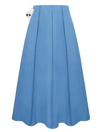 Kate Kasin Women Blue Linen Maxi Skirt, High Waist A Line Skirts with Pockets, Summer Casual Vacation Flowy Long Skirt 2026 - Image 1