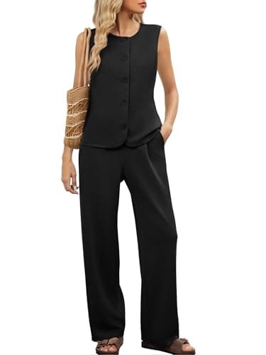 Casly Lamiit 2 Piece Lounge Sets for Women Dressy Casual Outfits Travel Airport Sleeveless Blazer Vest and Pants Set Beach Vacation Clothes Black XL - Image 1