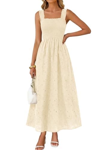 KIRUNDO Summer Lace Dress Vacation Outfits for Women 2026 Wedding Guest Dresses Maxi Beach Boho Sleeveless Cotton Sundress (Beige, XX-Large) - Image 1