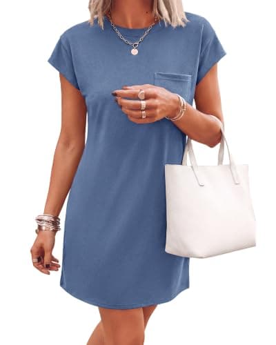 KIRUNDO Summer Dresses for Women 2026 Cap Sleeve Tshirt Dress Spring Mini Shift Sundress Loose Beach Outfits with Pockets(Dusty Blue, X-Large) - Image 1
