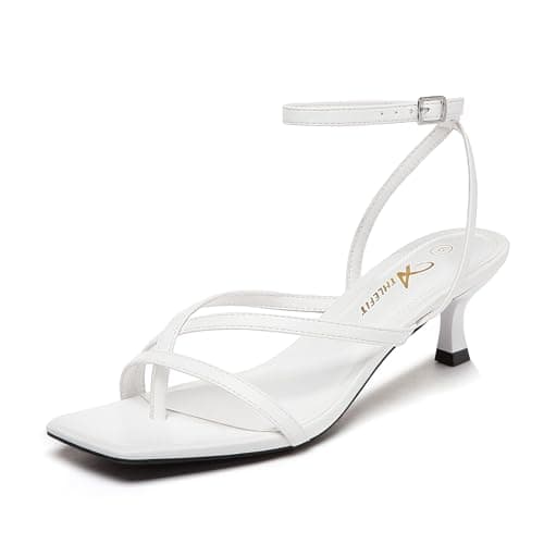 Athlefit Kitten Strappy Heels for Women Square Open Toe Low Heel Sandals Ankle Strap White Sexy Party Wedding Dress Shoes Size 6.5 - Image 1