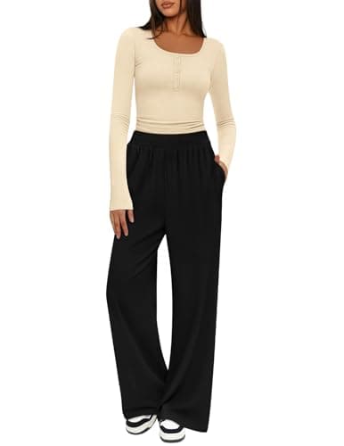 MEROKEETY Women's 2025 Fall Two Piece Airport Outfits Lounge Sets Henley Shirts Wide Leg Pants Matching Sets, BeigeBlack, X-Large - Image 1