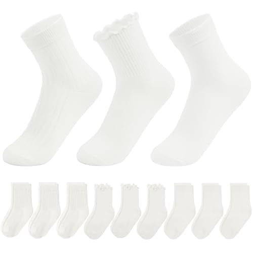 YMYDYFC 9-Pack Kids Socks For Boys Girls Toddler Crew White Ruffle Socks Black Dress Sock School Uniform Cotton Seamless 3-11T G-Cream Large(9-11Years)