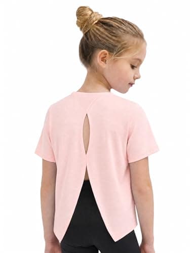 Wenlia Girls Athletic Shirts Short Sleeve Activewear Tops Back Slit Sports T Shirts for Running Tennis, Pink, 13-14 Years, 160 - Image 1