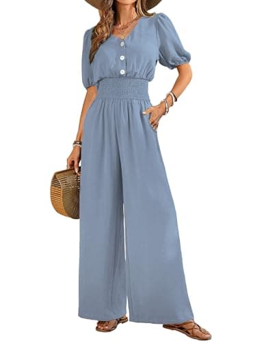 LOOKBOHO Jumpsuits for Women Dressy Casual V Neck Short Sleeves Wide Leg Rompers High Waist One Piece Outfits Blue XL - Image 1