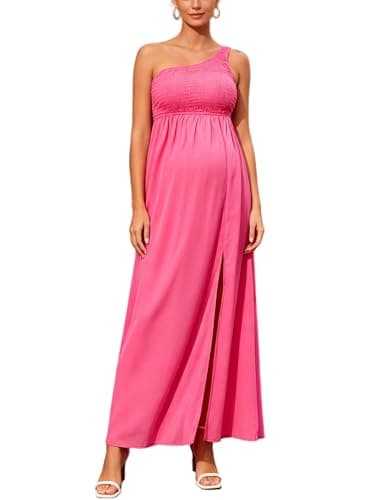 Cosygal Maternity One Shoulder Maxi Dress Smocked Bodice Side Slit Flowy Elegant Evening Gown for Baby Shower Wedding Pink - Image 1