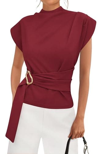 PRETTYGARDEN Women Blouses Spring Dressy Cap Sleeve Mock Neck Work Shirts Buckle Tunic Summer Business Casual Tops 2026(Burgundy,Small) - Image 1