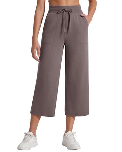 G4Free Wide Leg Pants for Women Drawstring High Waist Capri Pants Wide Leg Sweatpants Stretchy Workout Dressy Cropped Pants(Taupe,M,Regular) - Image 1