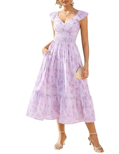 GRACE KARIN Women's Summer Floral Maxi Dress 2026 Ruffle Sleeve Smocked Sundress Flowy Wedding Guest Long Dresses Lavender Floral XL - Image 1