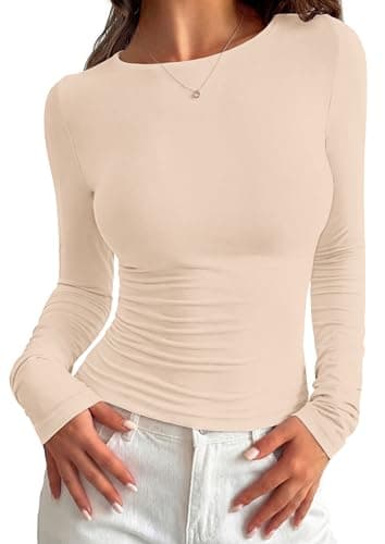 PRETTYGARDEN Long Sleeve Shirts for Women 2026 Fall Casual Crewneck Tight Slim Fit Layering Basic T Shirt Going Out Tops(Beige,Small) - Image 1