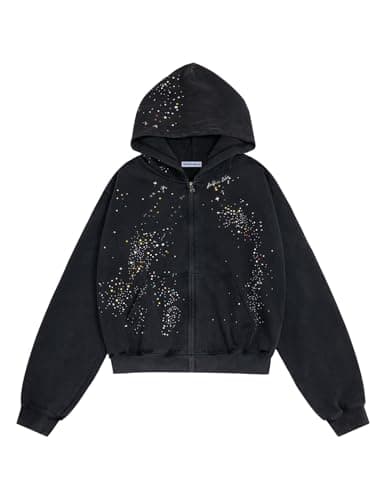 Aelfric Eden Star Rhinestone Zip Up Hoodies Womens Mens Casual Hooded Jackets Unisex Loose Crystal Y2K Pocket Sweatshirts Black XL - Image 1