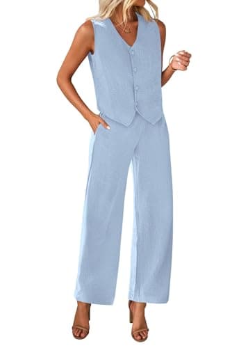 KIRUNDO Two Piece Outfits for Women Summer Sets 2026 Trendy Button Crop Vest Wide Leg Pantsuit Matching Set Spring Fashion Clothes(Sky Blue, XX-Large) - Image 1