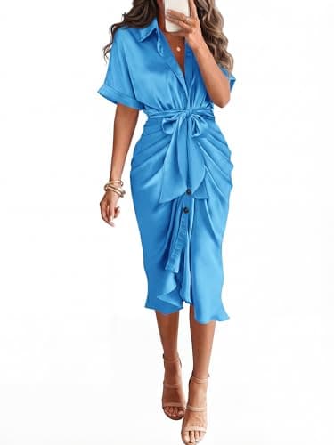 BTFBM Dresses for Women Summer Button Short Sleeve Silk Satin Ruched Spring Maxi Dress 2026 Cocktail Party Wedding(Aqua Blue, Small) - Image 1
