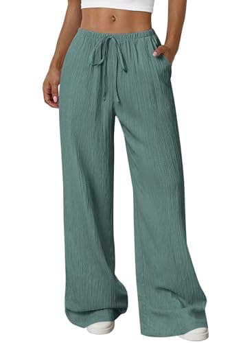 PRETTYGARDEN Womens Palazzo Pants Summer Fashion 2026 High Waisted Wide Leg Drawstring Flowy Beach Trousers with Pockets (Blue Green,Small) - Image 1