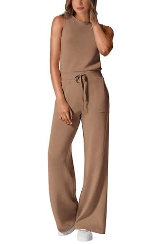 PRETTYGARDEN Jumpsuits for Women Dressy Casual Summer Clothes Sleeveless Wide Leg Long Pants Rompers Outfits (Khaki,Large) - Image 1