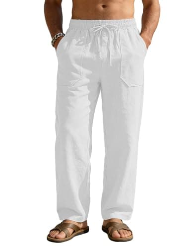RQP Mens Cotton Linen Pants Casual Loose Fit Drawstring Summer Beach Pants Lightweight Vacation Yoga Trousers with Pockets White - Image 1