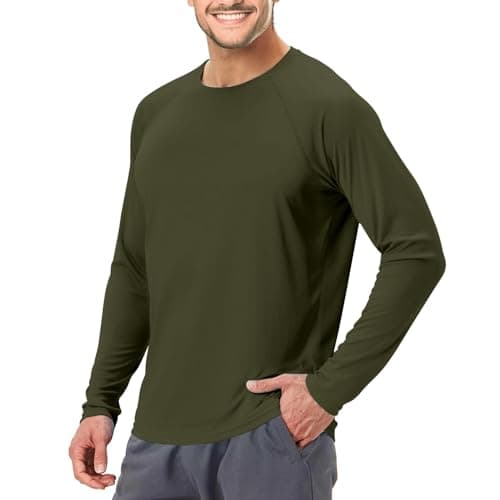 Men's UPF 50+ Swim Shirt Rash Guard Long Sleeve Quick Dry Lightweight SPF Sun Shirts for Hiking Fishing Running Army Green L