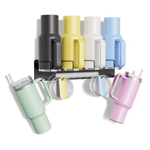 Treybair Magnetic Cup Holder for Fridge - 4 Holders & 5 Hooks Organizer Compatible for Stanley 40 oz & 30 oz and 20 oz with Lid & Straw Storage, Compatible with Stanley Cup Accessories (Black) - Image 1