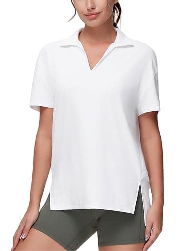 THE GYM PEOPLE Women's Loose fit Workout Polo Shirts Back Short Sleeve V Neck Tees Tops with Side Slits White - Image 1