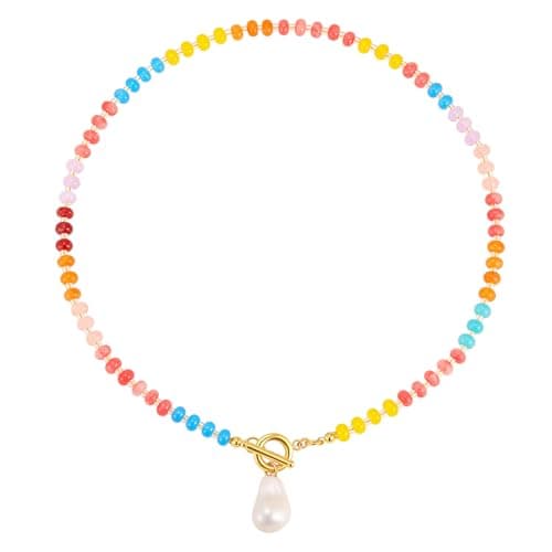 MPRAINBOW Beaded Gemstone Necklace for Women - 18K Gold Plated Beach Jewelry Baroque Pearl Pendant, Handmade Colorful Bead Boho Choker Summer Holiday Surfer Necklace Trendy Gift for Her - Image 1