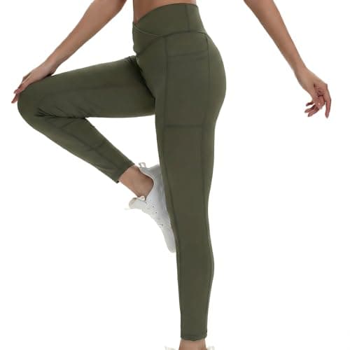 VIPARK Women V-Cross Waist Leggings – High Waist Tummy Control Butt Lifting Yoga Pants with Pockets, Seamless Front, Stretchy 7/8 Compression Workout Tights for Gym & Running Green - Image 1