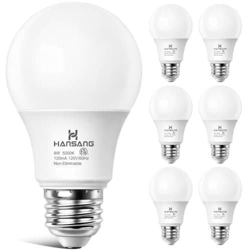 hansang A19 LED Light Bulbs, 60W Equivalent, Daylight 5000K E26 LED Bulb, Efficient 9W, 800 Lumens, 120V, CRI 85, Eye-Friendly for Bedroom Living Room, Non-Dimmable, 6 Pack - Image 1