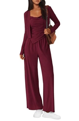 BTFBM Women's Fall Lounge Sets 3 Piece Outfit Tracksuits Casual Long Sleeve Tops High Waisted Sweatpants Set(Wine Red,X-Large) - Image 1