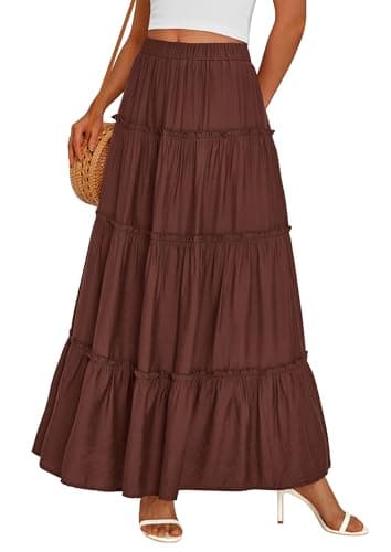 PRETTYGARDEN Boho Maxi Skirts for Women Trendy Summer 2026 Spring Long Flowy A Line Tiered Skirt Beach Vacation Clothes Dress (Brown,Medium) - Image 1
