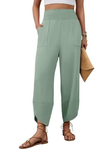 grewley Womens Wide Leg Palazzo Capri Pant Barrel Harem Linen Pants High Waist Lounge Trousers Beach Vacation Green L - Image 1
